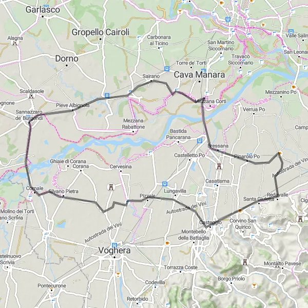 Miniatua del mapa de inspiración ciclista "Ruta panorámica por carretera desde Sannazzaro de' Burgondi" en Lombardia, Italy. Generado por Tarmacs.app planificador de rutas ciclistas