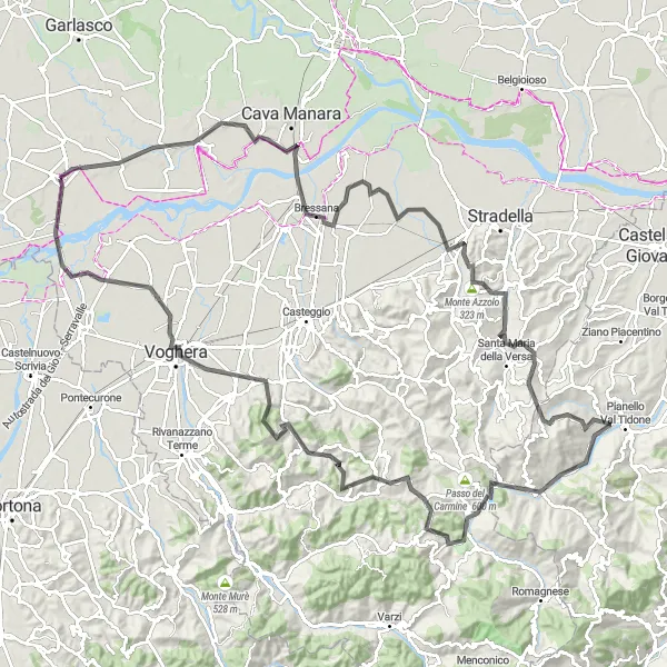 Miniatua del mapa de inspiración ciclista "Desafío panorámico por carretera desde Sannazzaro de' Burgondi" en Lombardia, Italy. Generado por Tarmacs.app planificador de rutas ciclistas