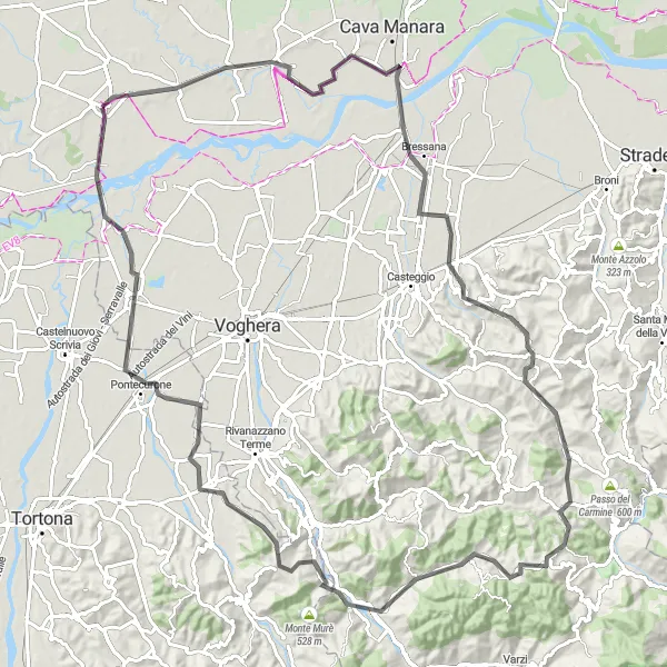 Miniaturní mapa "Kolečko okolo Sannazzaro de' Burgondi" inspirace pro cyklisty v oblasti Lombardia, Italy. Vytvořeno pomocí plánovače tras Tarmacs.app