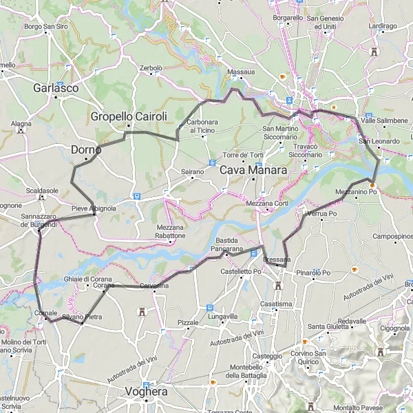 Kartminiatyr av "Dorno til Silvano Pietra via Bastida Pancarana" sykkelinspirasjon i Lombardia, Italy. Generert av Tarmacs.app sykkelrutoplanlegger