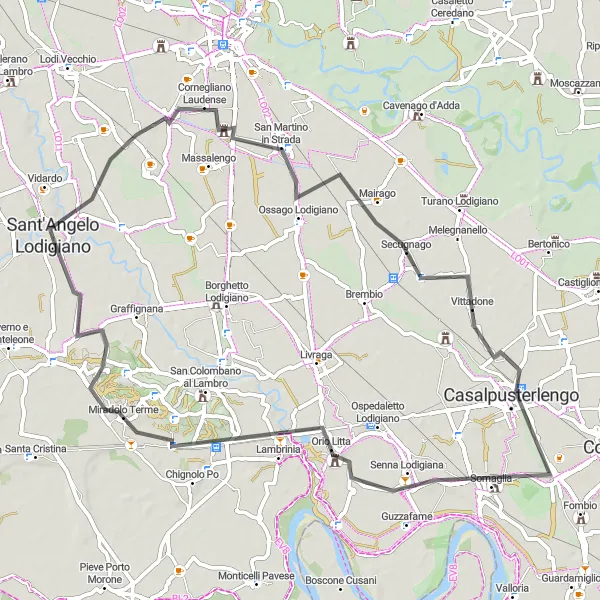 Miniatua del mapa de inspiración ciclista "Recorrido en Bicicleta de Carretera por San Martino in Strada y Miradolo Terme" en Lombardia, Italy. Generado por Tarmacs.app planificador de rutas ciclistas