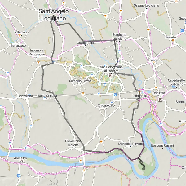 Miniaturní mapa "Okružní cyklotrasa z blízkosti Sant'Angelo Lodigiano" inspirace pro cyklisty v oblasti Lombardia, Italy. Vytvořeno pomocí plánovače tras Tarmacs.app