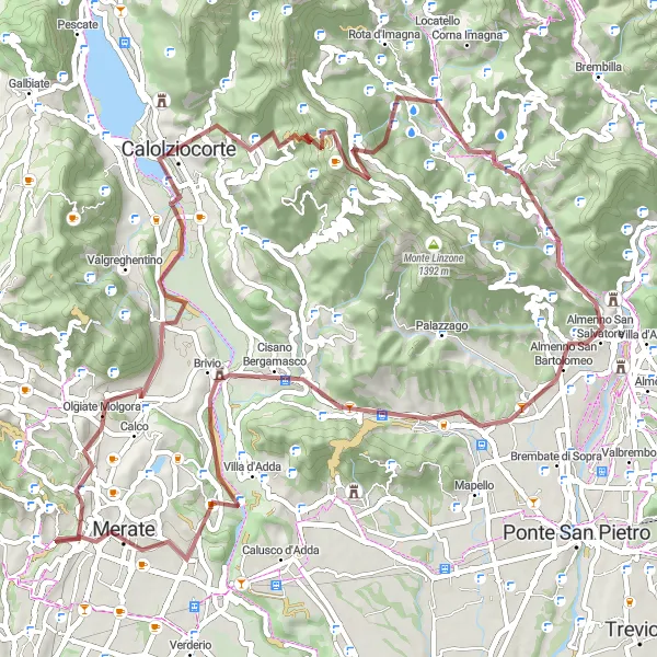 Map miniature of "The Gravel Experience: Exploring the Bergamo Hills" cycling inspiration in Lombardia, Italy. Generated by Tarmacs.app cycling route planner