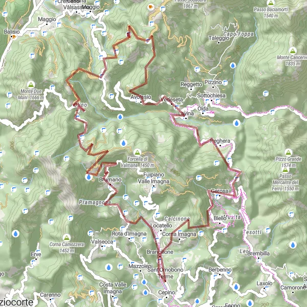 Mapa miniatúra "Gravel okruh cez Passo della Sella" cyklistická inšpirácia v Lombardia, Italy. Vygenerované cyklistickým plánovačom trás Tarmacs.app