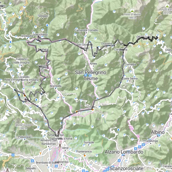 Map miniature of "The Serpentine Hills" cycling inspiration in Lombardia, Italy. Generated by Tarmacs.app cycling route planner