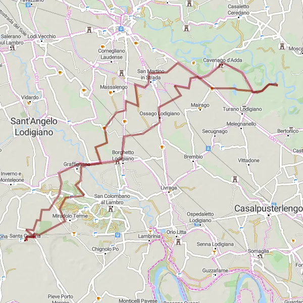 Miniatuurkaart van de fietsinspiratie "Gravelpad naar Cavenago d'Adda" in Lombardia, Italy. Gemaakt door de Tarmacs.app fietsrouteplanner