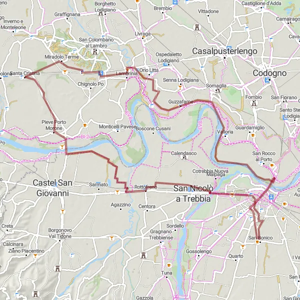 Karten-Miniaturansicht der Radinspiration "Abenteuerliche Schottertour nach Rottofreno" in Lombardia, Italy. Erstellt vom Tarmacs.app-Routenplaner für Radtouren