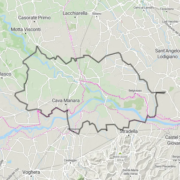 Map miniature of "The Oltrepò Promenade" cycling inspiration in Lombardia, Italy. Generated by Tarmacs.app cycling route planner