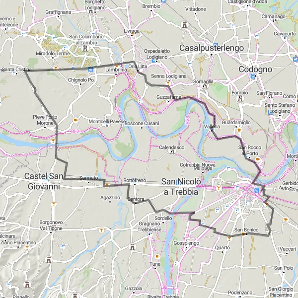 Miniatura della mappa di ispirazione al ciclismo "Giro Culturale da Piacenza a Magrese" nella regione di Lombardia, Italy. Generata da Tarmacs.app, pianificatore di rotte ciclistiche