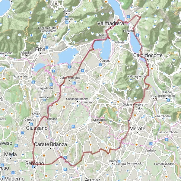 Miniatura della mappa di ispirazione al ciclismo "Esplorazione Gravel tra Seregno e Albiate" nella regione di Lombardia, Italy. Generata da Tarmacs.app, pianificatore di rotte ciclistiche