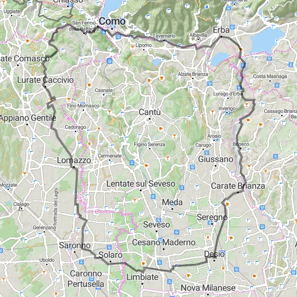 Miniaturní mapa "Cyklostezka okolo Santa Margherita" inspirace pro cyklisty v oblasti Lombardia, Italy. Vytvořeno pomocí plánovače tras Tarmacs.app