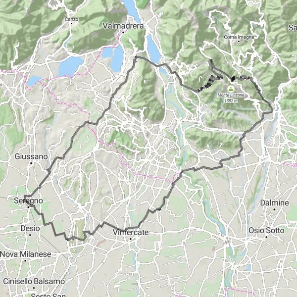 Miniatura della mappa di ispirazione al ciclismo "Avventura in bicicletta da Dolzago a Collinetta di Vedano" nella regione di Lombardia, Italy. Generata da Tarmacs.app, pianificatore di rotte ciclistiche