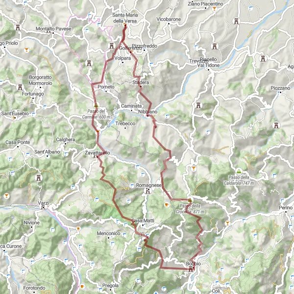 Map miniature of "Gravel Route to Bobbio and Castello Dal Verme" cycling inspiration in Lombardia, Italy. Generated by Tarmacs.app cycling route planner