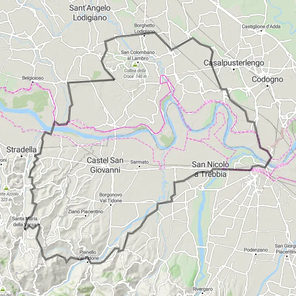 Mapa miniatúra "Cyklotrasa s výstupom do Miradolo Terme" cyklistická inšpirácia v Lombardia, Italy. Vygenerované cyklistickým plánovačom trás Tarmacs.app