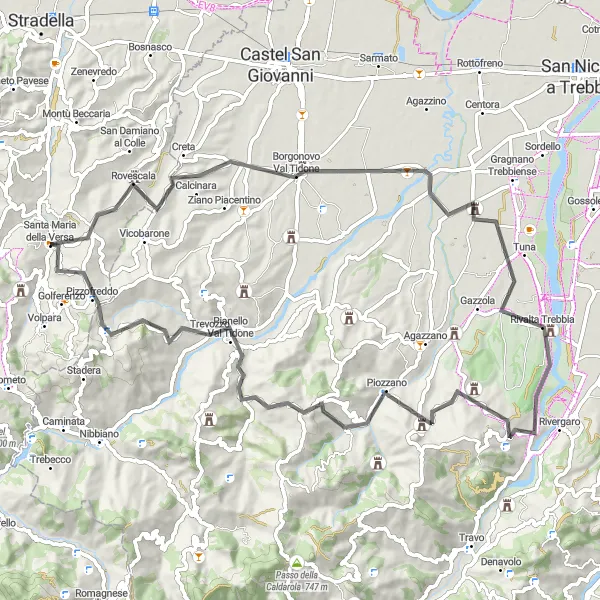 Map miniature of "Val Tidone Loop - The Rolling Hills of Lombardia" cycling inspiration in Lombardia, Italy. Generated by Tarmacs.app cycling route planner