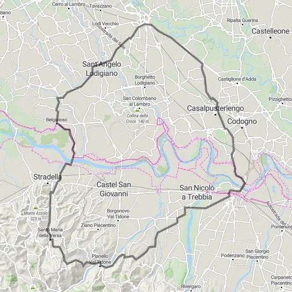 Miniatua del mapa de inspiración ciclista "Ruta en Carretera a Lodi y Piacenza" en Lombardia, Italy. Generado por Tarmacs.app planificador de rutas ciclistas