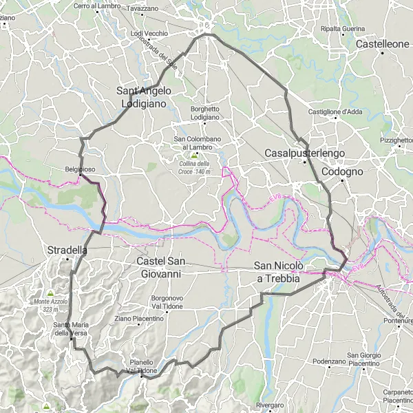 Karttaminiaatyyri "Tiepyöräilyreitti Santa Maria della Versa - Lodi - Piacenza - Pizzofreddo" pyöräilyinspiraatiosta alueella Lombardia, Italy. Luotu Tarmacs.app pyöräilyreittisuunnittelijalla