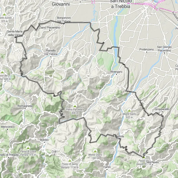 Miniatura della mappa di ispirazione al ciclismo "Giro panoramico tra Santa Maria della Versa e la Val Tidone" nella regione di Lombardia, Italy. Generata da Tarmacs.app, pianificatore di rotte ciclistiche