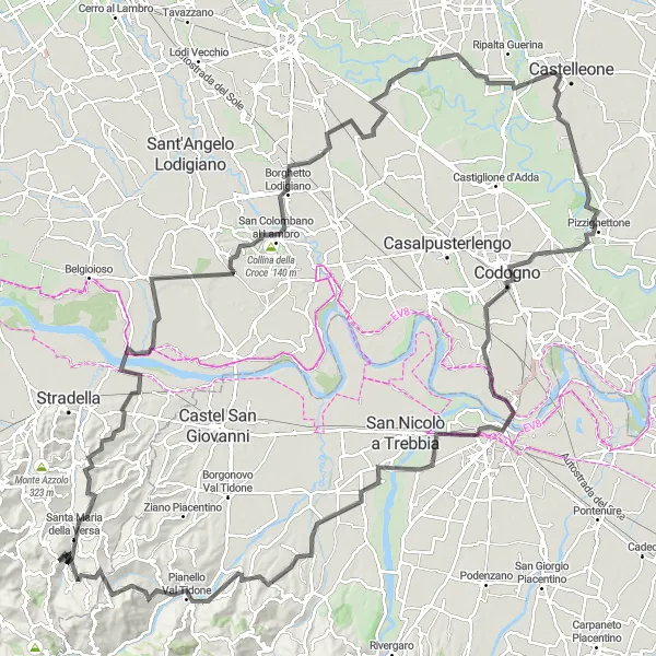 Karttaminiaatyyri "San Zenone al Po - Miradolo Terme - Collina della Croce - Mairago - Montodine - Pizzighettone - Navigare l'Adda - Piacenza - Gragnano Trebbiense - Pianello Val Tidone - Montecalvo Versiggia" pyöräilyinspiraatiosta alueella Lombardia, Italy. Luotu Tarmacs.app pyöräilyreittisuunnittelijalla