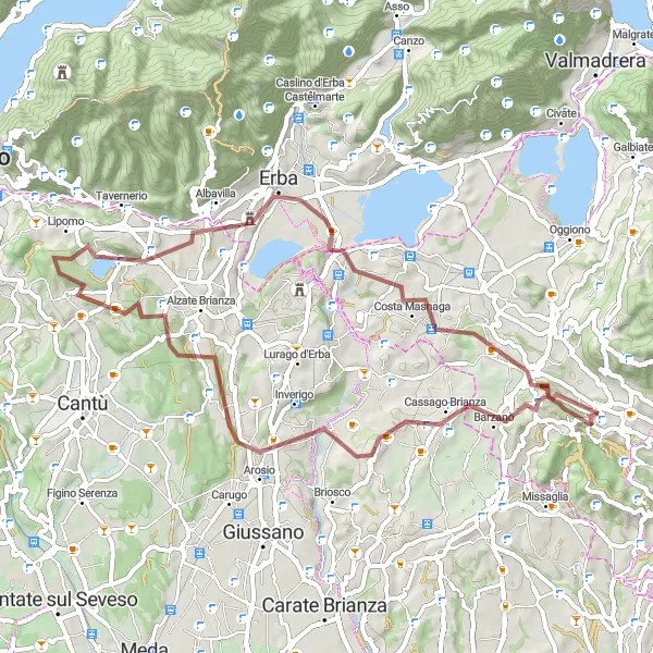 Kartminiatyr av "Rundtur til Barzanò og Lipomo" sykkelinspirasjon i Lombardia, Italy. Generert av Tarmacs.app sykkelrutoplanlegger