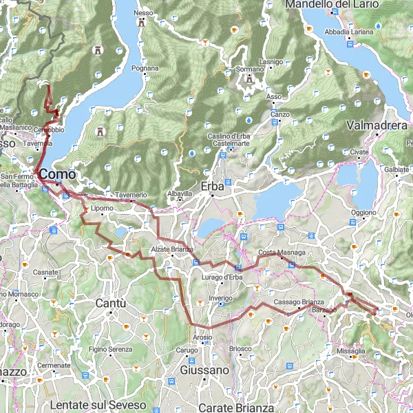 Karttaminiaatyyri "Rengastie Barzanòsta Monte Bisbinoon ja takaisin" pyöräilyinspiraatiosta alueella Lombardia, Italy. Luotu Tarmacs.app pyöräilyreittisuunnittelijalla