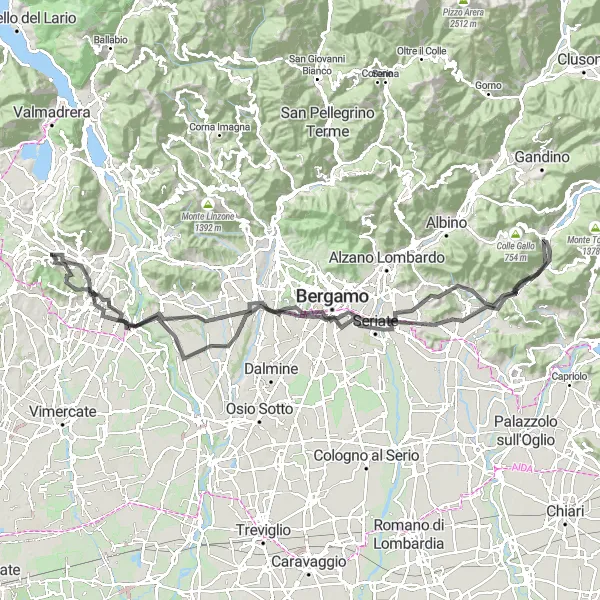 Kartminiatyr av "Eventyrlig tur til San Paolo d'Argon og Curno" sykkelinspirasjon i Lombardia, Italy. Generert av Tarmacs.app sykkelrutoplanlegger