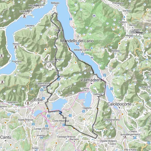 Map miniature of "Barzago, Merone, Monte Spinei, Lasnigo, Terrace, Lecco, I Corno, Monte Crocione, Santa Maria Hoè Loop" cycling inspiration in Lombardia, Italy. Generated by Tarmacs.app cycling route planner