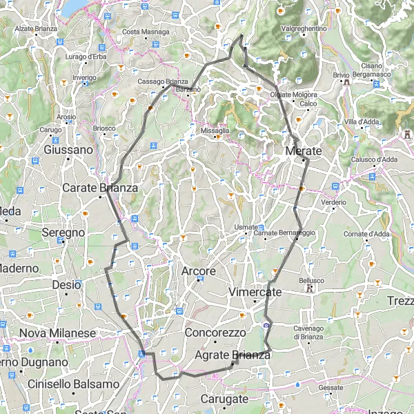 Map miniature of "Ronco Briantino, Vimercate, Monza, Albiate, Barzanò Loop" cycling inspiration in Lombardia, Italy. Generated by Tarmacs.app cycling route planner