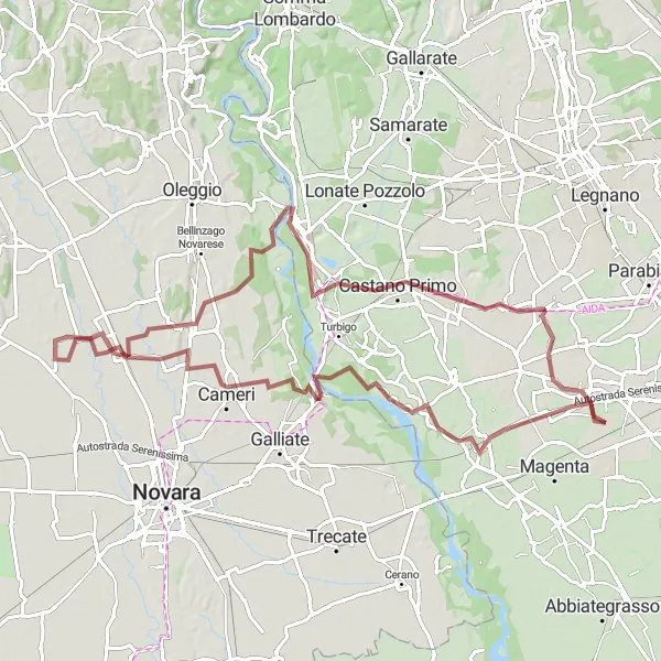 Map miniature of "Ticino River Gravel Adventure" cycling inspiration in Lombardia, Italy. Generated by Tarmacs.app cycling route planner