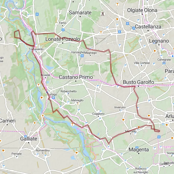 Miniatuurkaart van de fietsinspiratie "Gravelroute rond Santo Stefano Ticino" in Lombardia, Italy. Gemaakt door de Tarmacs.app fietsrouteplanner