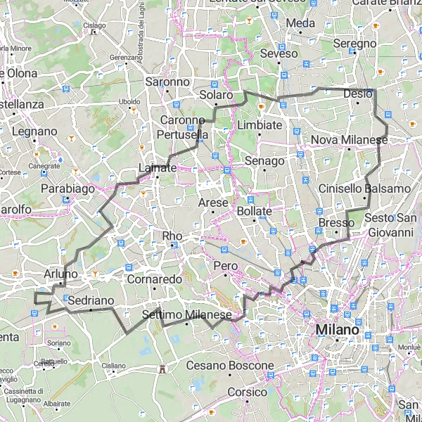Miniatuurkaart van de fietsinspiratie "Wegrit door Nerviano en Settimo Milanese" in Lombardia, Italy. Gemaakt door de Tarmacs.app fietsrouteplanner