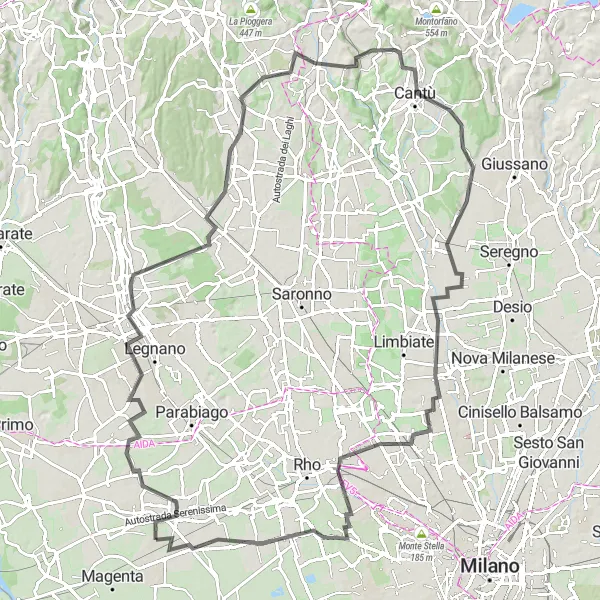 Miniatua del mapa de inspiración ciclista "Ruta de 111 km por carretera desde Santo Stefano Ticino" en Lombardia, Italy. Generado por Tarmacs.app planificador de rutas ciclistas