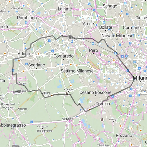 Miniaturní mapa "Okružní cyklistická trasa u Santo Stefano Ticino" inspirace pro cyklisty v oblasti Lombardia, Italy. Vytvořeno pomocí plánovače tras Tarmacs.app