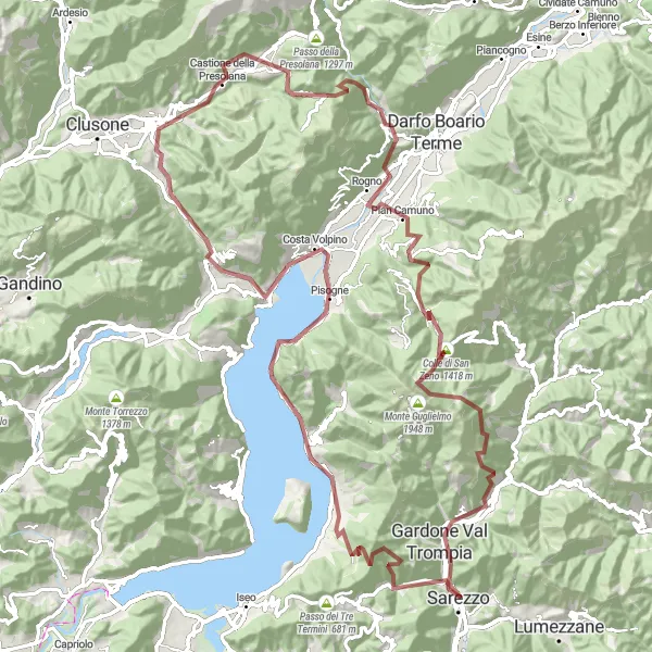 Map miniature of "Gravel Adventure in Sarezzo" cycling inspiration in Lombardia, Italy. Generated by Tarmacs.app cycling route planner