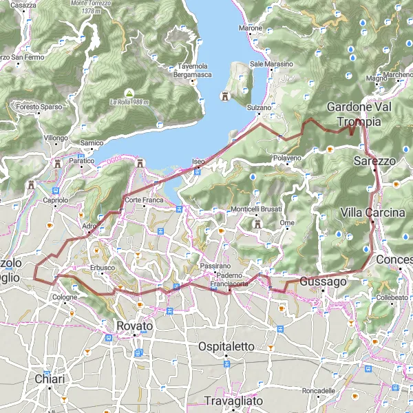 Miniatura della mappa di ispirazione al ciclismo "Gravel Sarezzo - Iseo round-trip" nella regione di Lombardia, Italy. Generata da Tarmacs.app, pianificatore di rotte ciclistiche
