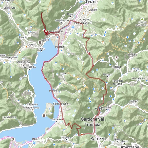 Miniaturní mapa "Gravel Cyklistická trasa kolem jezera Iseo" inspirace pro cyklisty v oblasti Lombardia, Italy. Vytvořeno pomocí plánovače tras Tarmacs.app