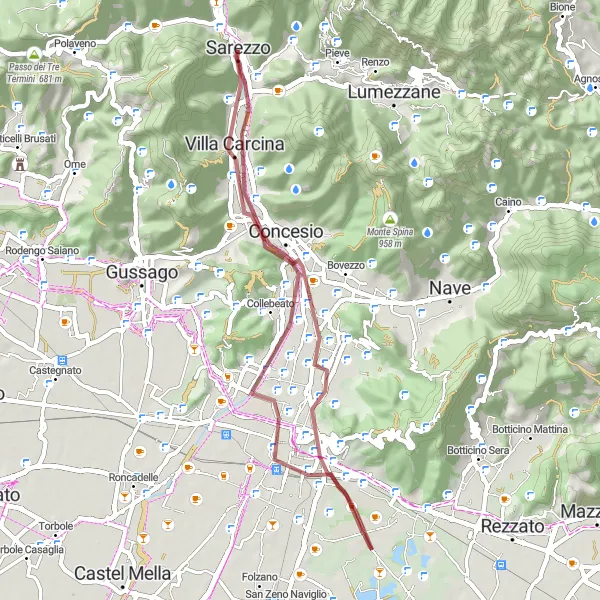 Miniatura della mappa di ispirazione al ciclismo "Tour in bicicletta gravel tra le colline di Brescia" nella regione di Lombardia, Italy. Generata da Tarmacs.app, pianificatore di rotte ciclistiche