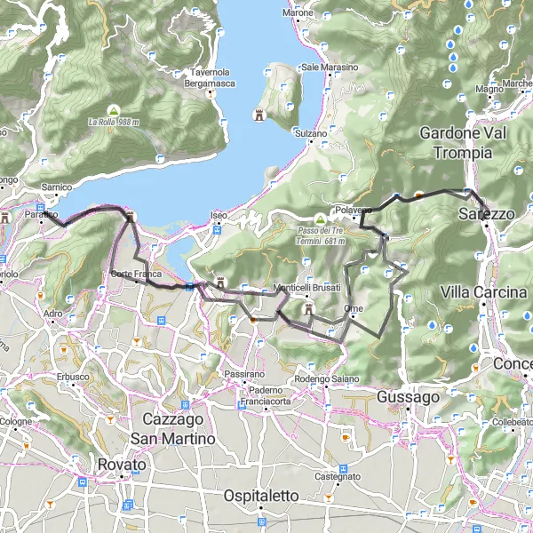 Map miniature of "Lakeside Road Cycling: Discovering Sarezzo to Zanano" cycling inspiration in Lombardia, Italy. Generated by Tarmacs.app cycling route planner