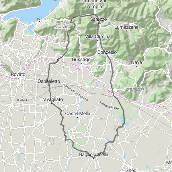 Map miniature of "Scenic Road Cycling: The Beauty of Sarezzo to Ome" cycling inspiration in Lombardia, Italy. Generated by Tarmacs.app cycling route planner