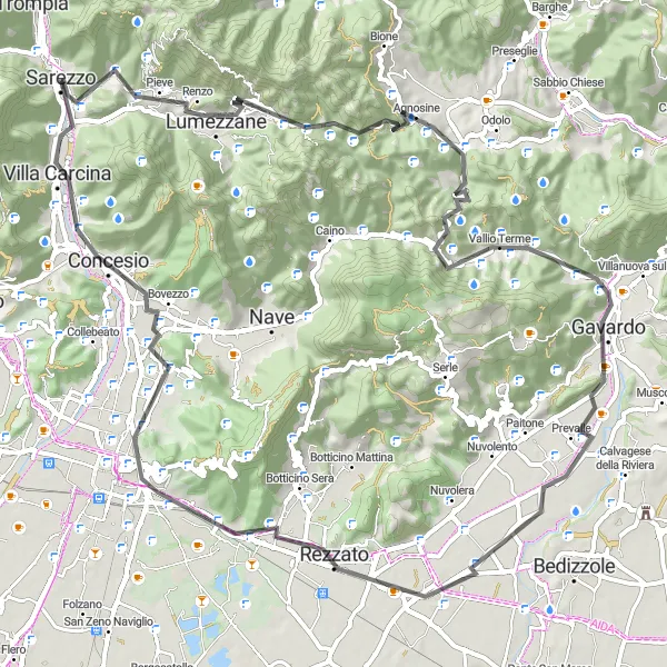 Zemljevid v pomanjšavi "Lumezzane and Passo del Cavallo Loop" kolesarske inspiracije v Lombardia, Italy. Generirano z načrtovalcem kolesarskih poti Tarmacs.app