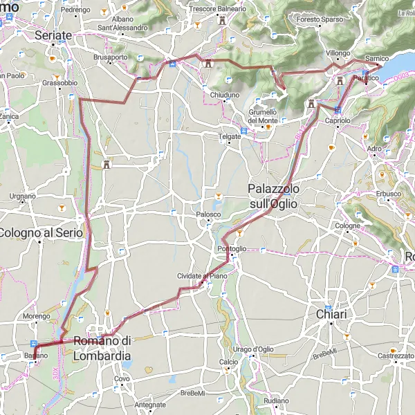 Miniaturní mapa "Gravelová dobrodružná cesta skrz Lombardskou krajinu" inspirace pro cyklisty v oblasti Lombardia, Italy. Vytvořeno pomocí plánovače tras Tarmacs.app