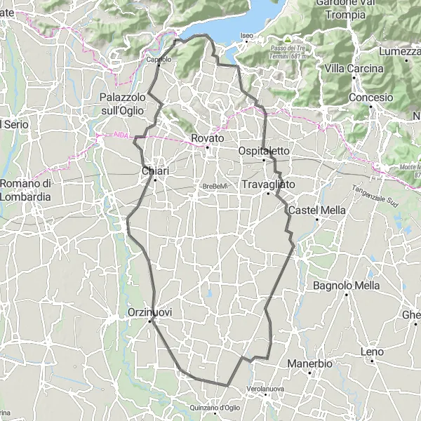 Miniatua del mapa de inspiración ciclista "Ruta en Carretera Sarnico-Paratico" en Lombardia, Italy. Generado por Tarmacs.app planificador de rutas ciclistas