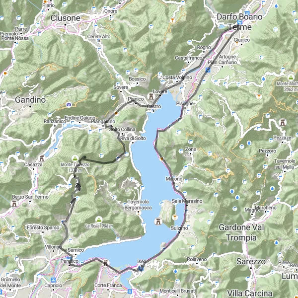 Miniature de la carte de l'inspiration cycliste "Tour du lac Iseo et des montagnes environnantes" dans la Lombardia, Italy. Générée par le planificateur d'itinéraire cycliste Tarmacs.app