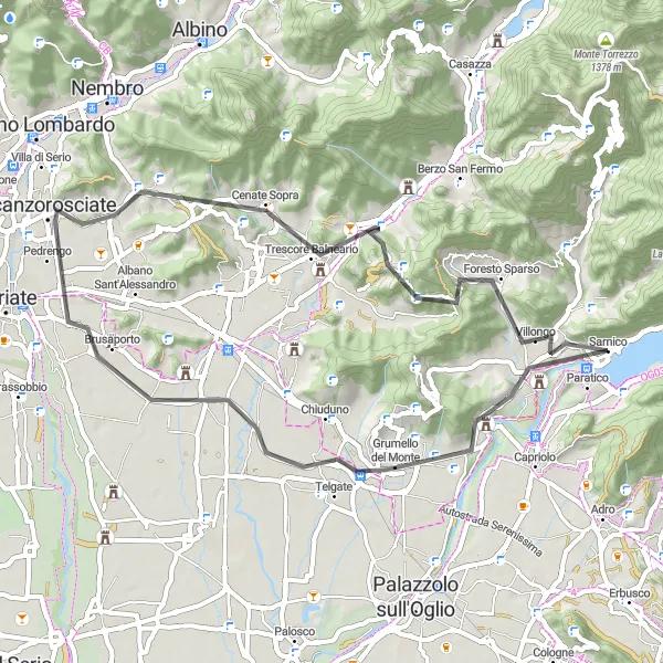 Miniaturní mapa "Cyklojízda kolem Sarnica a Pedrengo" inspirace pro cyklisty v oblasti Lombardia, Italy. Vytvořeno pomocí plánovače tras Tarmacs.app