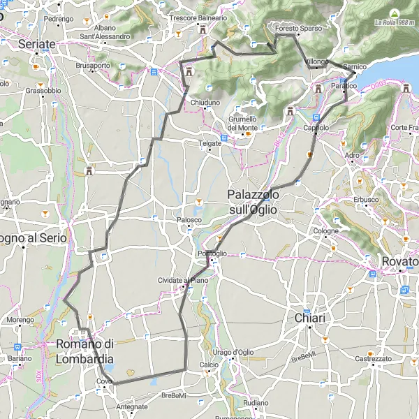 Map miniature of "The Road to Carobbio degli Angeli" cycling inspiration in Lombardia, Italy. Generated by Tarmacs.app cycling route planner