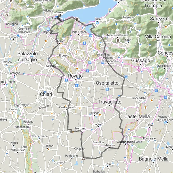 Miniatua del mapa de inspiración ciclista "Ruta de ciclismo en carretera por Castegnato y Capriolo" en Lombardia, Italy. Generado por Tarmacs.app planificador de rutas ciclistas