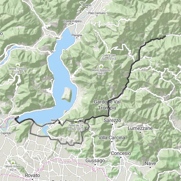 Miniaturní mapa "Výzva kolem Sella a Isea" inspirace pro cyklisty v oblasti Lombardia, Italy. Vytvořeno pomocí plánovače tras Tarmacs.app