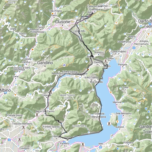 Map miniature of "From Sarnico to Adrara San Martino" cycling inspiration in Lombardia, Italy. Generated by Tarmacs.app cycling route planner