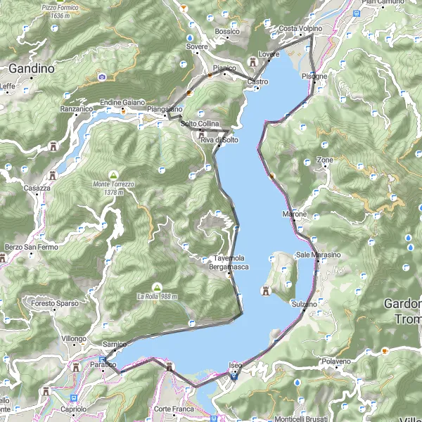 Map miniature of "Sarnico to Montecolino Loop" cycling inspiration in Lombardia, Italy. Generated by Tarmacs.app cycling route planner