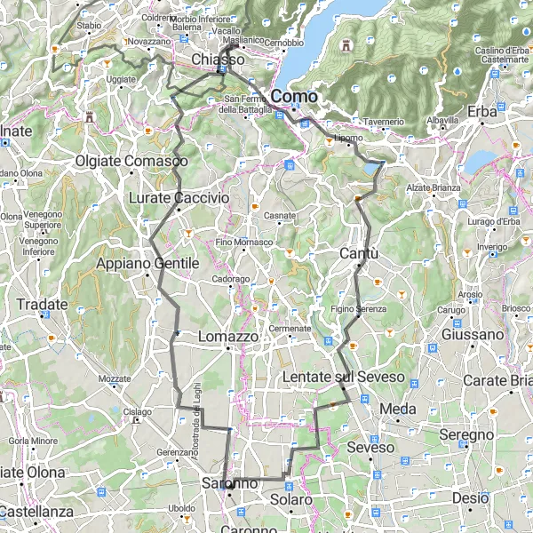 Zemljevid v pomanjšavi "Cestni krog iz Saronna" kolesarske inspiracije v Lombardia, Italy. Generirano z načrtovalcem kolesarskih poti Tarmacs.app